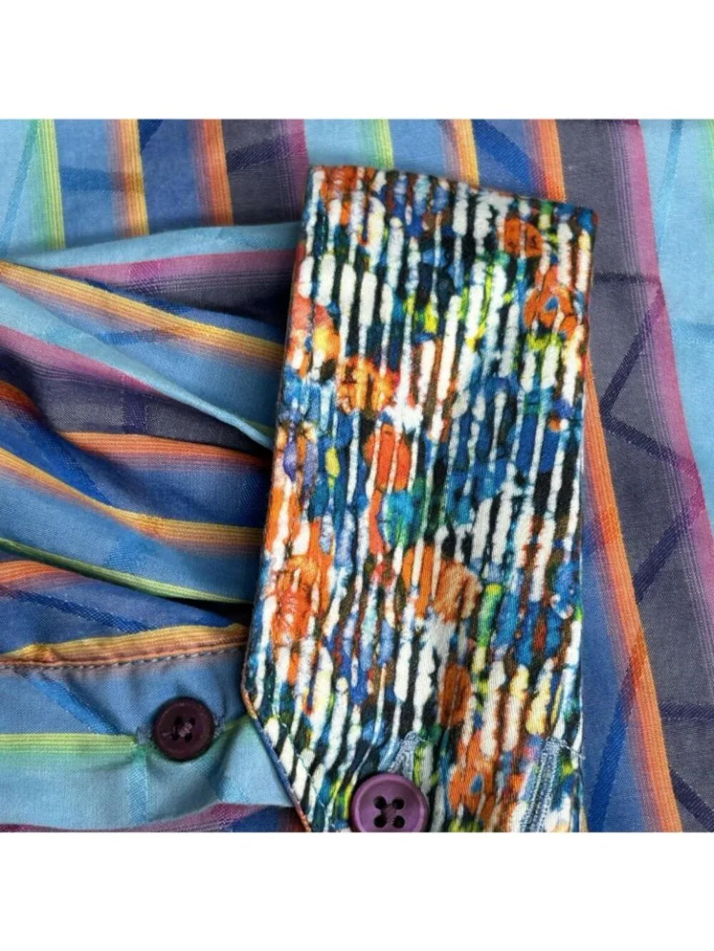 Robert Graham Shirt Mens M Multicolor Stripe Long Sleeve Flip Cuff Embroidered